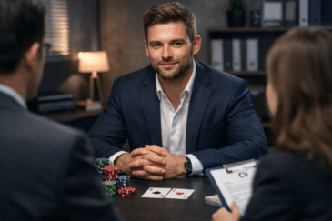 Kuvassa työnhakija tummansininen puku päällään ja alla valkoinen paita, edessään hänellä on punaisia, vihreitä ja sinisiä pelimerkkejä sekä kaksi pelikorttia.