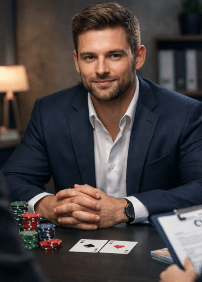 Kuvassa työnhakija tummansininen puku päällään ja alla valkoinen paita, edessään hänellä on punaisia, vihreitä ja sinisiä pelimerkkejä sekä kaksi pelikorttia.