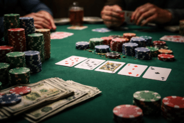 Pokeripöytä täynnä kortteja, chippejä ja rahaa