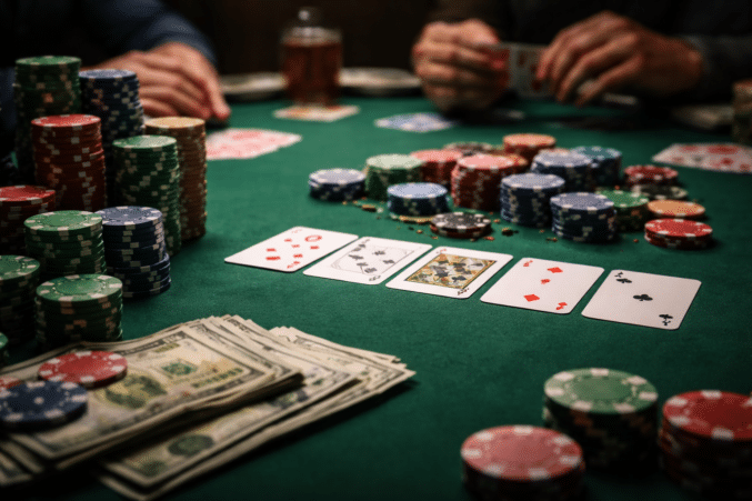 Pokeripöytä täynnä kortteja, chippejä ja rahaa