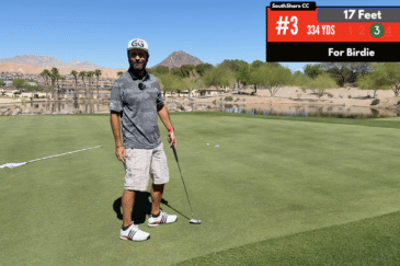 Kuvassa vihreällä golfkentällä näkyy pokerinpelaaja Daniel Negreanu, jolla on päällään valkoiset shortsti ja harmaa golf pikeepaita.