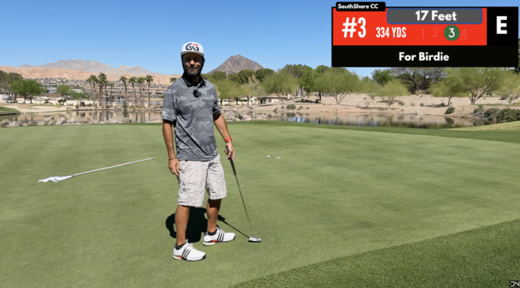 Kuvassa vihreällä golfkentällä näkyy pokerinpelaaja Daniel Negreanu, jolla on päällään valkoiset shortsti ja harmaa golf pikeepaita.