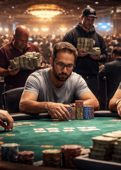 Pokeripöydän ääressä istuu kome miestä, taustalla on useita henkilöitä. Pöytä on vihreä ja siinä on useita pelimerkkejä ja kortteja.