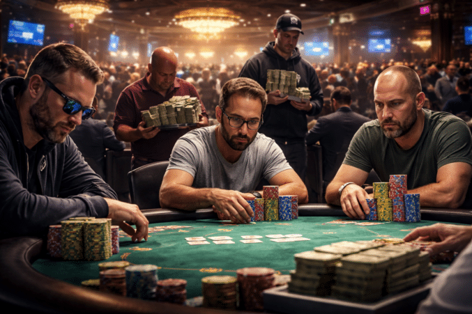 Pokeripöydän ääressä istuu kome miestä, taustalla on useita henkilöitä. Pöytä on vihreä ja siinä on useita pelimerkkejä ja kortteja.