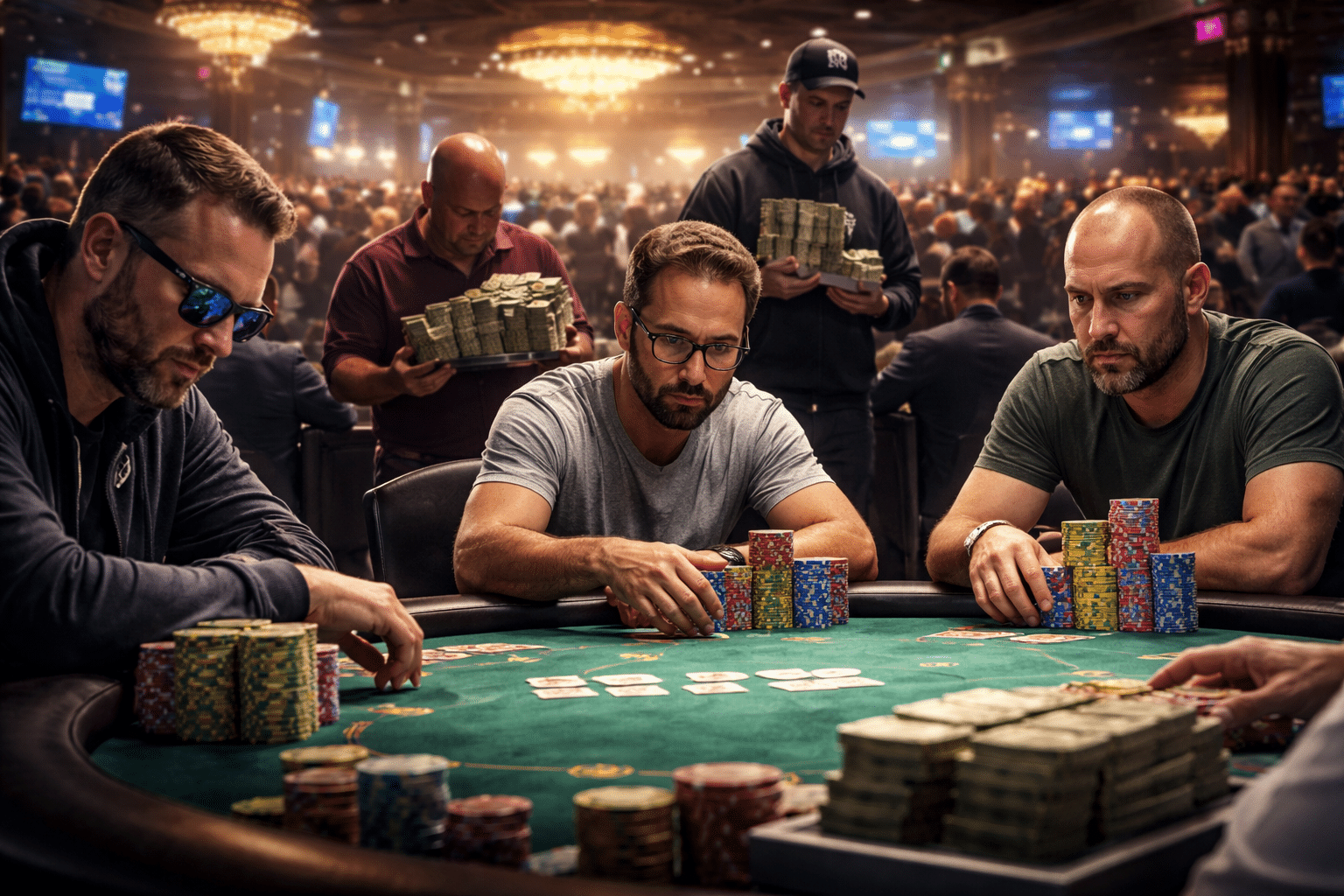 Pokeripöydän ääressä istuu kome miestä, taustalla on useita henkilöitä. Pöytä on vihreä ja siinä on useita pelimerkkejä ja kortteja.