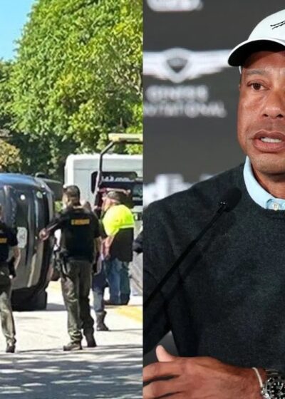 Oikealla puolella kuvassa golffari Tiger Woods, päällään valkoinen lippis ja musta paita. Vasemmalla hänen kolaroitu Land Rover maasturinsa.