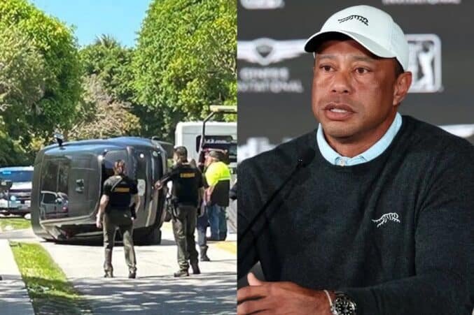 Oikealla puolella kuvassa golffari Tiger Woods, päällään valkoinen lippis ja musta paita. Vasemmalla hänen kolaroitu Land Rover maasturinsa.