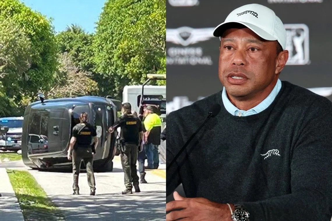 Oikealla puolella kuvassa golffari Tiger Woods, päällään valkoinen lippis ja musta paita. Vasemmalla hänen kolaroitu Land Rover maasturinsa.