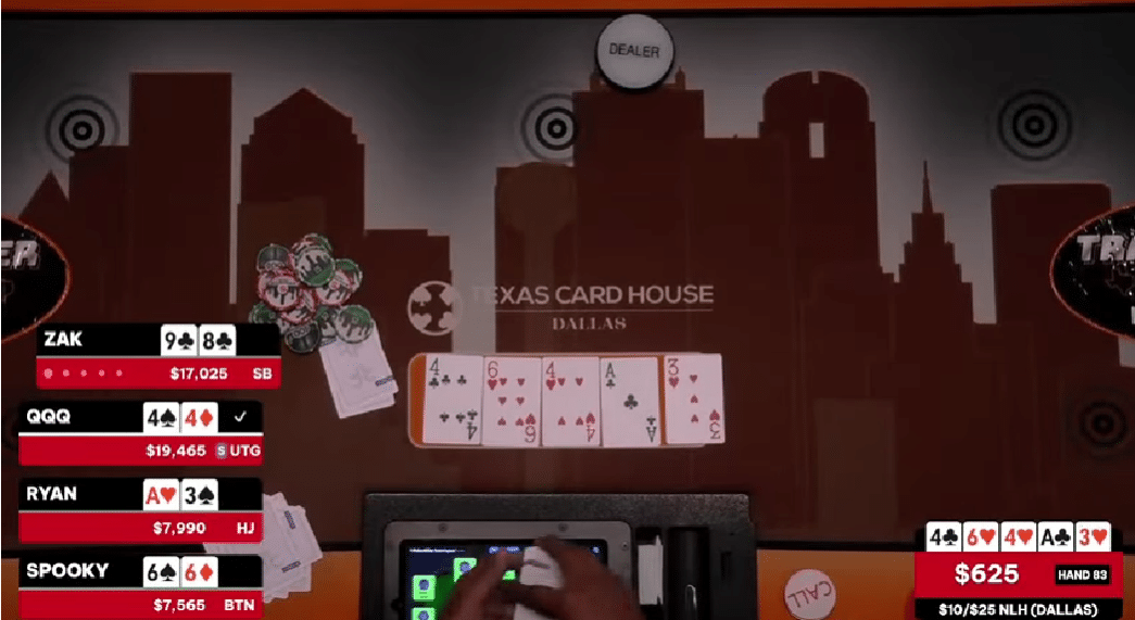 Kuvassa näkyy pelikortteja pokeripelipöydällä, joka on punertava. Pöydässä on talojen kuvia ja pelimerkkejä.