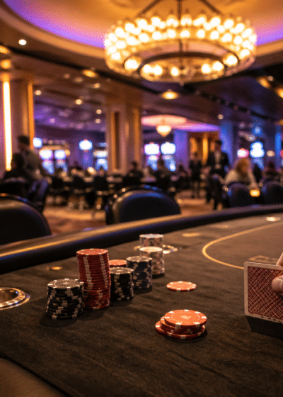 Kuvassa on pelipöytä, jossa pelikortteja ja pelimerkkejä. Kuvassa näkyy paljon eri värisiä valoja ja kristallikruunu