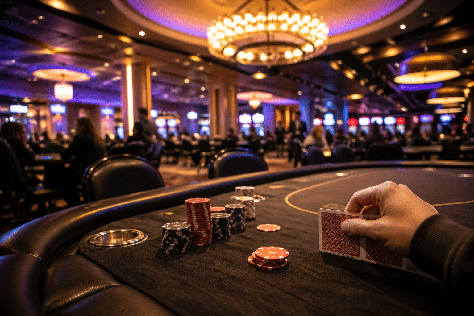 Kuvassa on pelipöytä, jossa pelikortteja ja pelimerkkejä. Kuvassa näkyy paljon eri värisiä valoja ja kristallikruunu