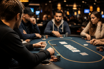 Kuvassa on useita pelaajia pokeripöydän ääressä. Pöytä on vihreä, ja siinä on pelikortteja ja pelimerkkejä.