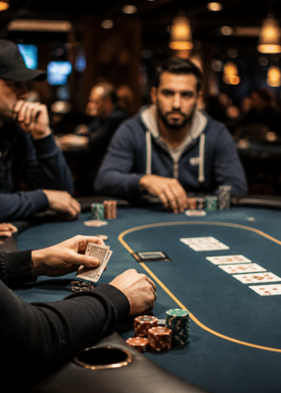 Kuvassa on useita pelaajia pokeripöydän ääressä. Pöytä on vihreä, ja siinä on pelikortteja ja pelimerkkejä.