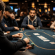 Kuvassa on useita pelaajia pokeripöydän ääressä. Pöytä on vihreä, ja siinä on pelikortteja ja pelimerkkejä.