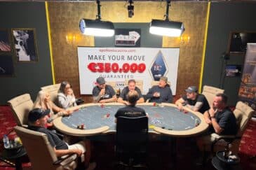 Kuvassa näkyy useita ihmisiä pokeripöydän äärellä. Taustalla on iso taulu, jossa numeroita ja seinät ovat vihreät ja keltaiset